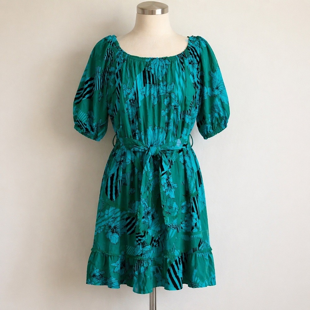 Boho Flowy Dress 16‎ Teal Floral Cottagecore Romantic Tiered Belted Coastal Chic